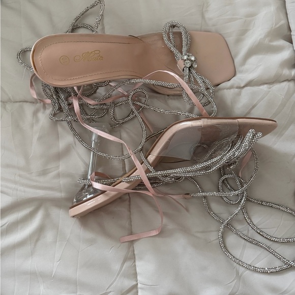 Mata Shoes - Blush Pink Crystal Lace-Up Heeled Sandals
